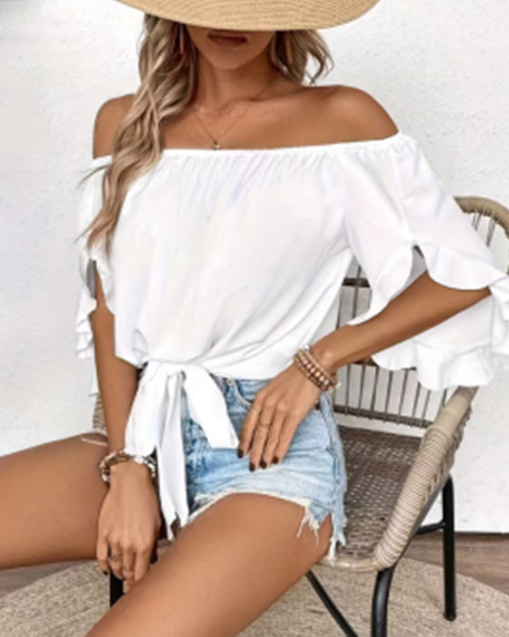 Blouse Off-Shoulder Strik Uitlopende Mouw