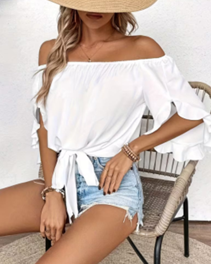 Blouse Off-Shoulder Strik Uitlopende Mouw