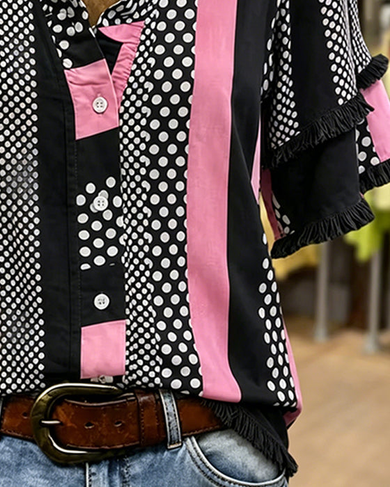 Shirt Stip Contrast Patchwork Ruffle