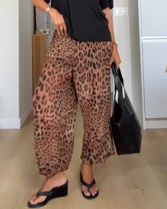 Broek Elastische Taille Luipaard Print Wijde Pijp Lang