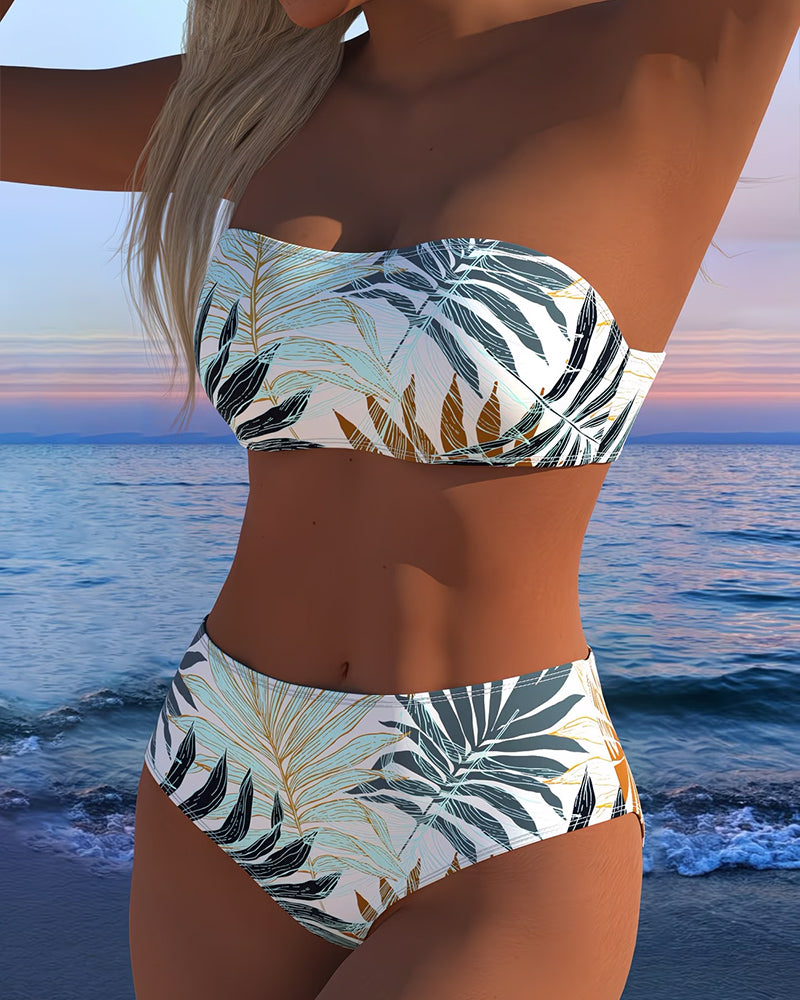 Bikini tropische plantenprint strapless