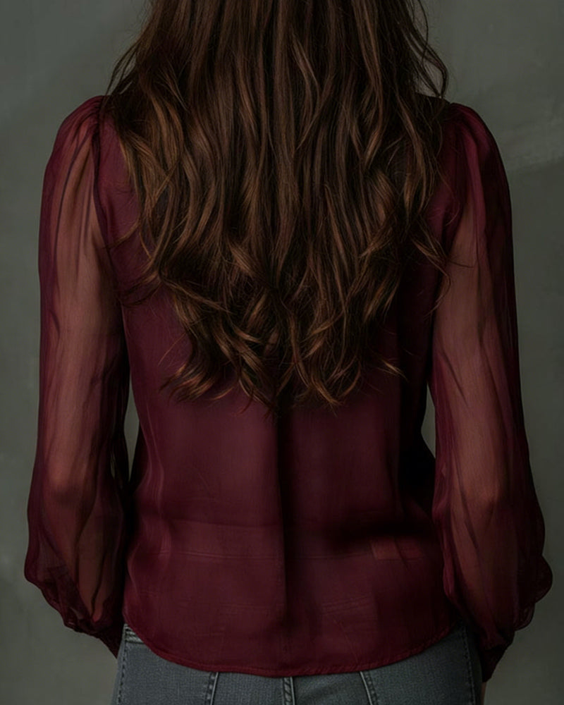 Blouse Half-ritsluiting Gaas Lange-mouw