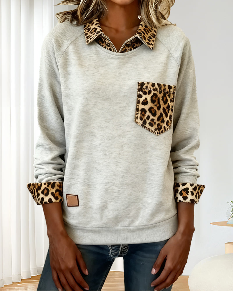Langmouwige sweatshirt met revers en luipaardprint