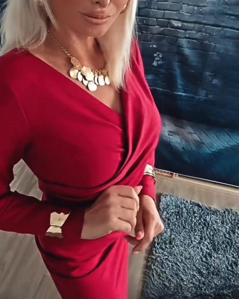 Modieuze Jurk Met V-Hals En Lange Mouwen