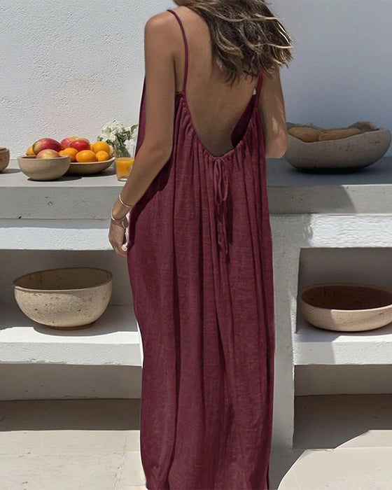 Jurk Effen Kleur Gerimpeld Rugvrij Spaghettiband Maxi
