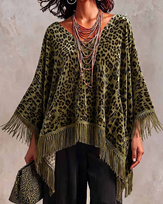 Blouse Vleermuismouw Franjes Luipaardprint Los Fluweel
