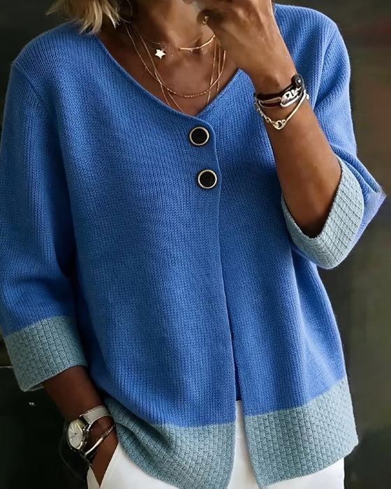 Cardigan Contrastkleur V-Hals Twee-Knoops