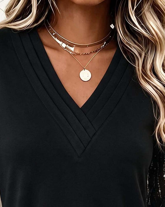 Top V-Hals Mesh Lange Mouw Patchwork