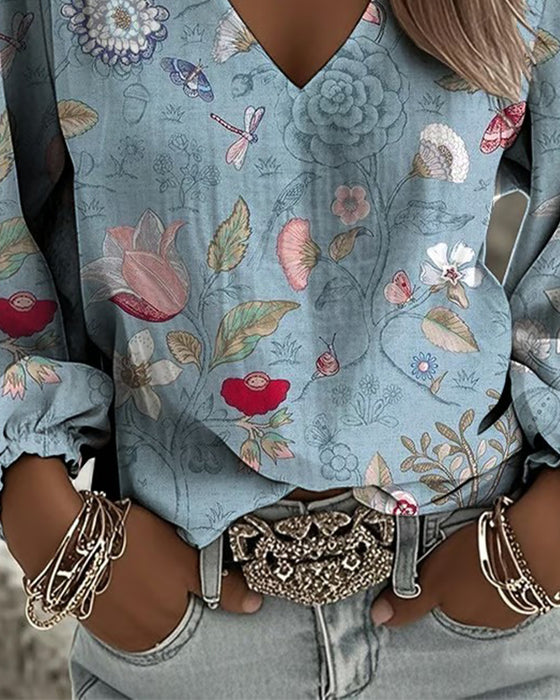 Blouse Met Bloemen- En Insectenprint Pofmouwen