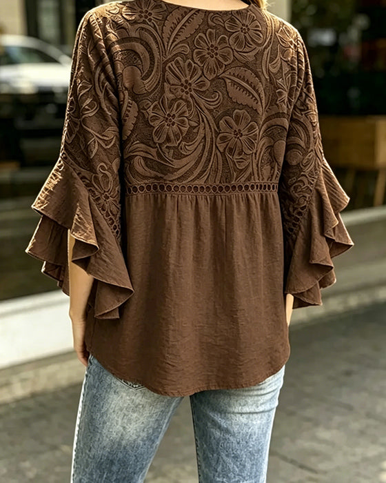 Blouse Vintage Bloemenprint Asymmetrische Ruche Mouw