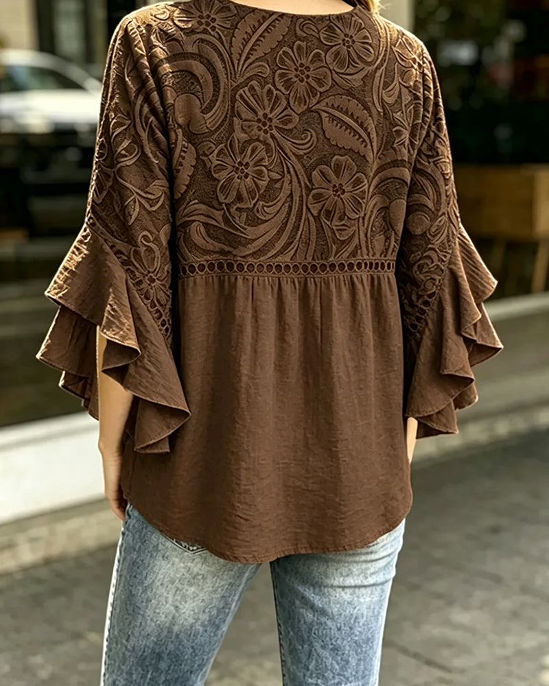 Blouse Vintage Bloemenprint Asymmetrische Ruche Mouw