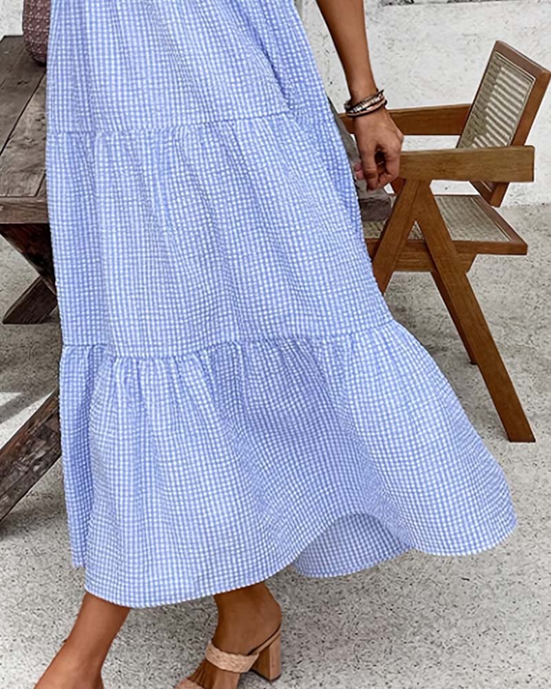Jurk Blauw Wit Gingham V-Hals