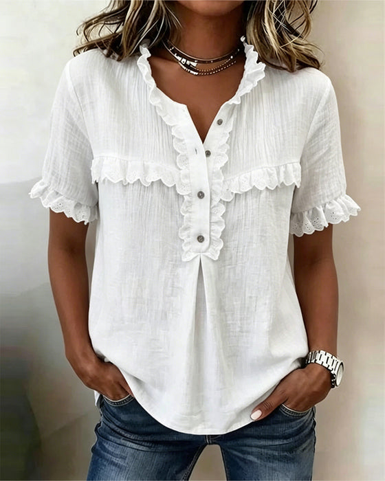 Blouse V-Hals Halfe Knoopsluiting