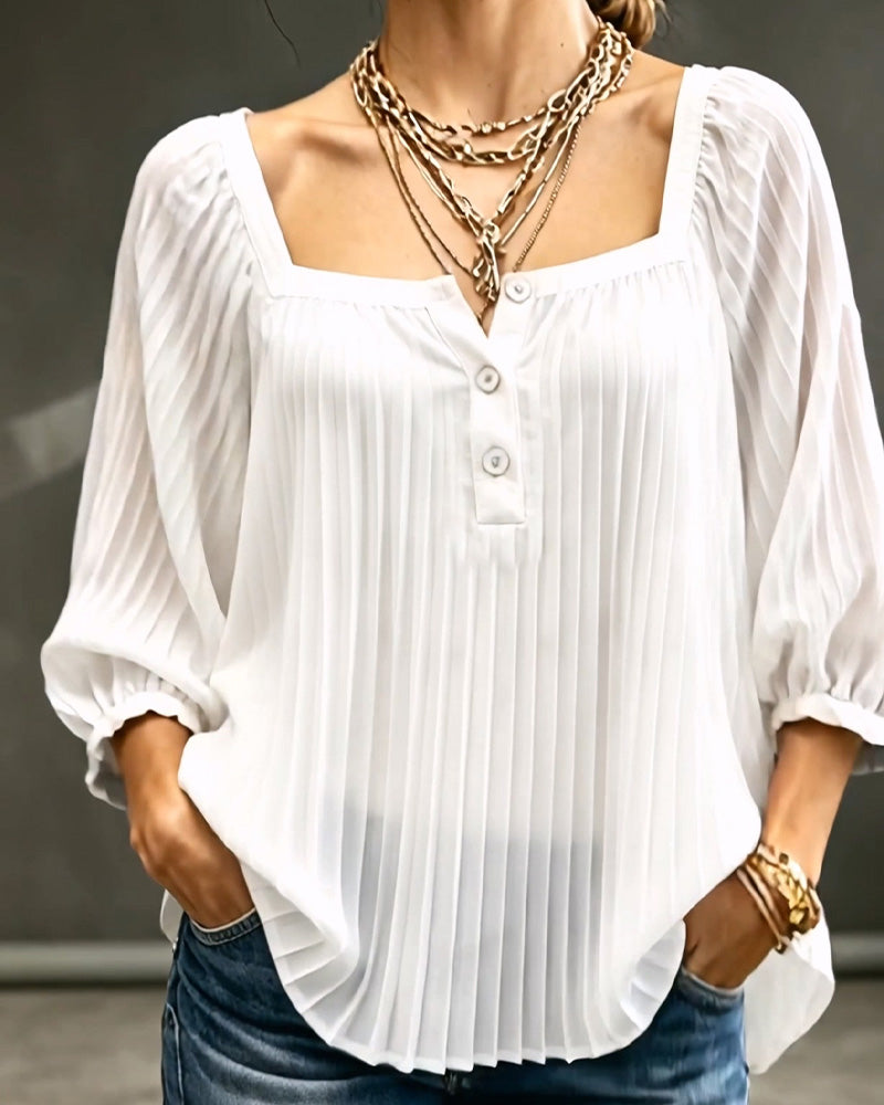 Blouse Vierkante Hals Geplooide Pofmouwen