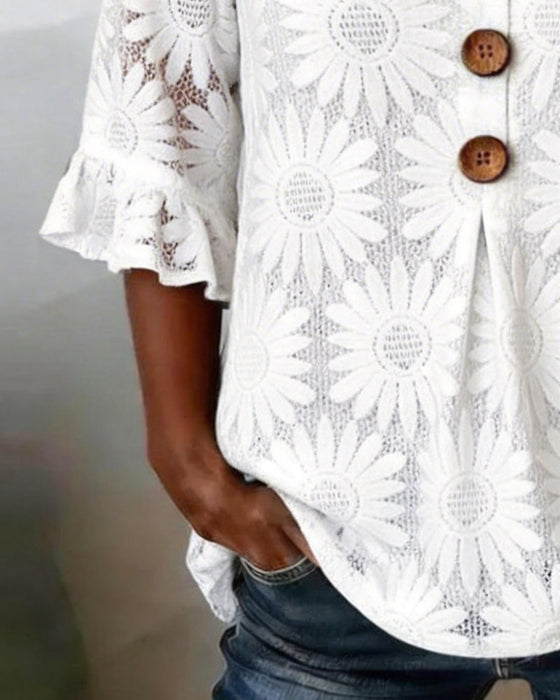 Blouse Met Gerimpeld Madeliefjespatroon En Pofmouwen