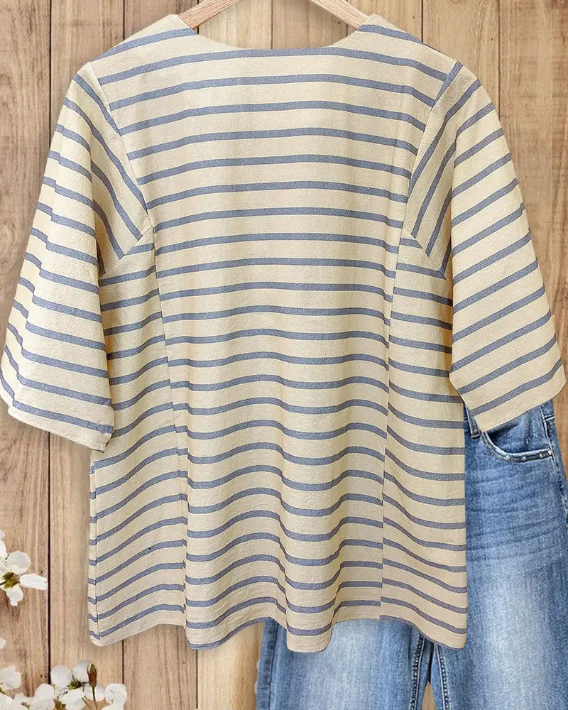 Blouse Streep Textuur Halve Mouw Ontspannen