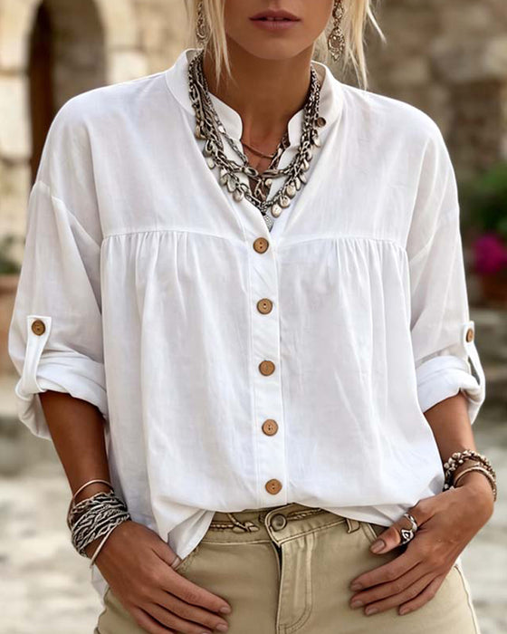 Blouse Met Opstaande Kraag Lange Mouw Effen Kleur Knoopsluiting