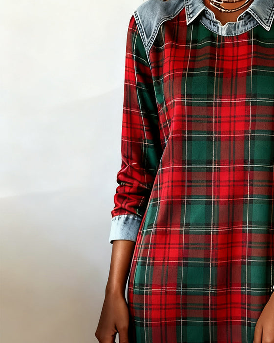 Jurk Van Denim Met Patchworkdetails En Ruitjespatroon