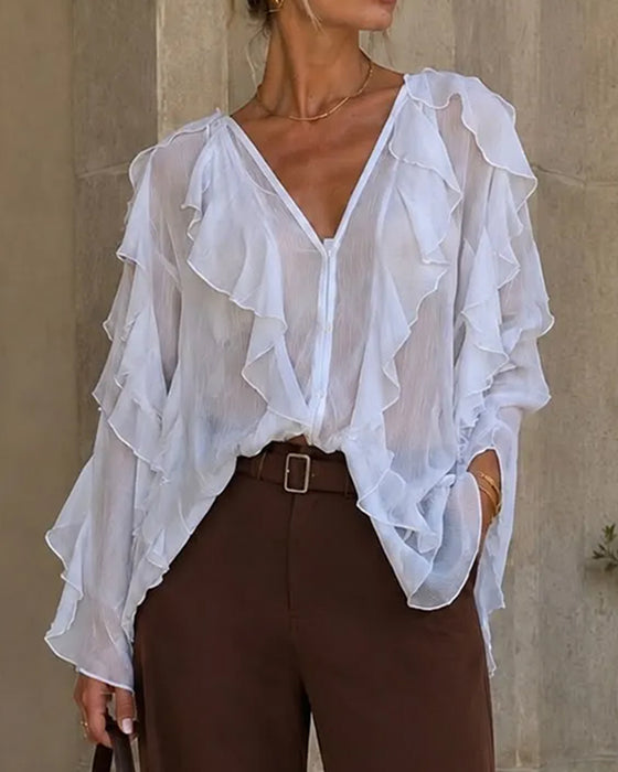 Blouse V-Hals Ruffle Los