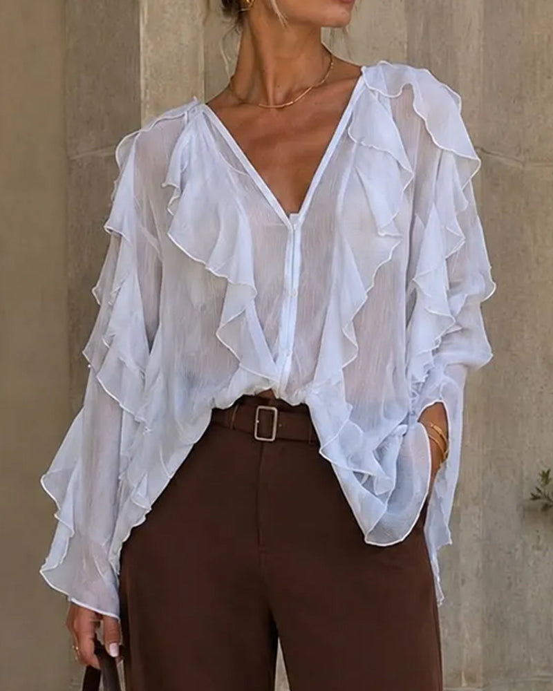 Blouse V-Hals Ruffle Los