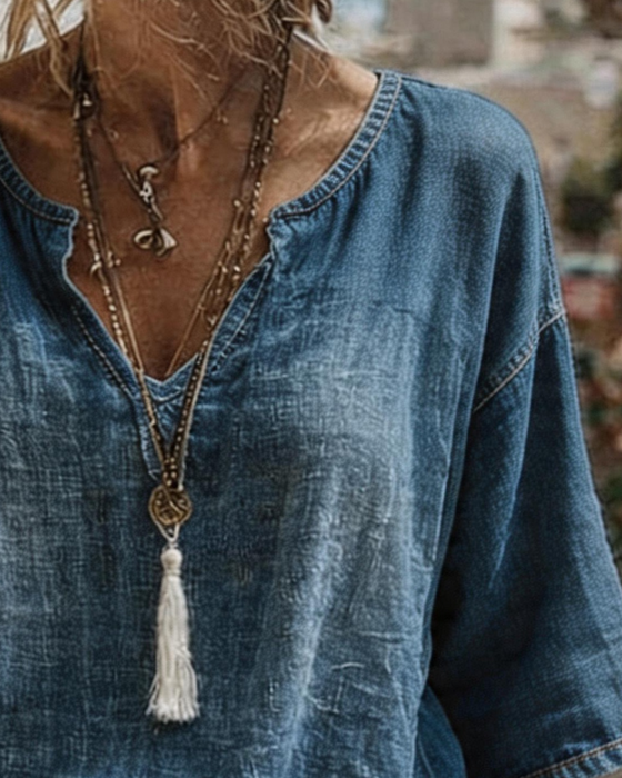 Top V-Hals Denim Half Mouw