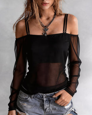 T-Shirt Spaghettiband Off-Shoulder Sheer