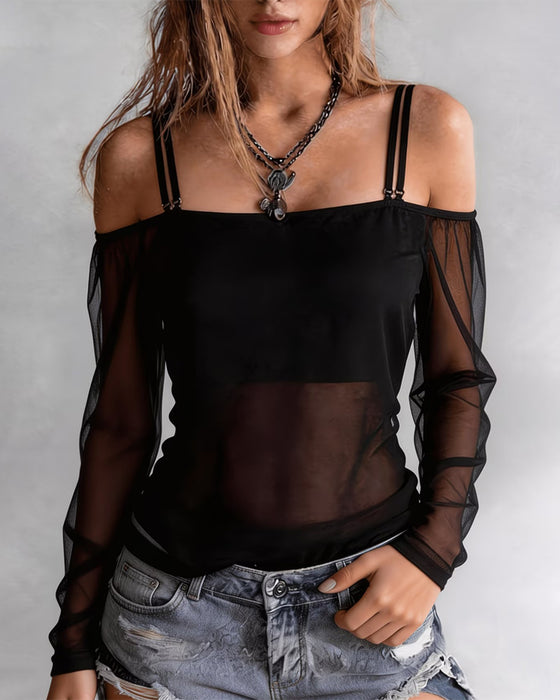 T-Shirt Spaghettiband Off-Shoulder Sheer