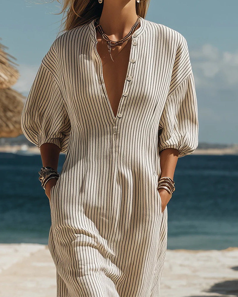 Jurk Pof Mouw Knoop-Omlaag Streep