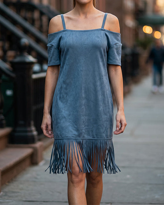 Jurk Spaghettiband Franje Effen Off-Shoulder