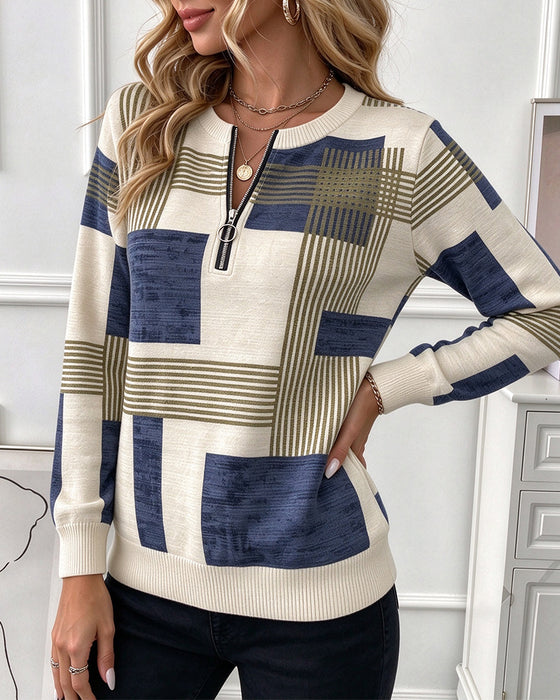 Sweatshirt Ronde Hals Geometrisch Half Rits Gebreid