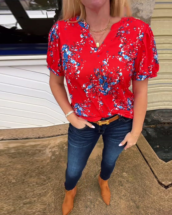 T-Shirt V-Hals Bloemenprint Korte Mouwen