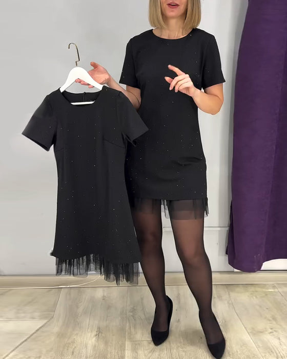 Kortarmige Rhinestone Patchwork Jurk