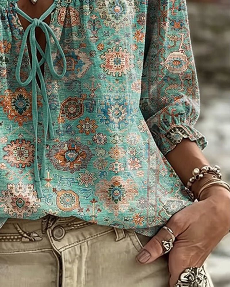 Blouse V-Hals Strik Vintage Print
