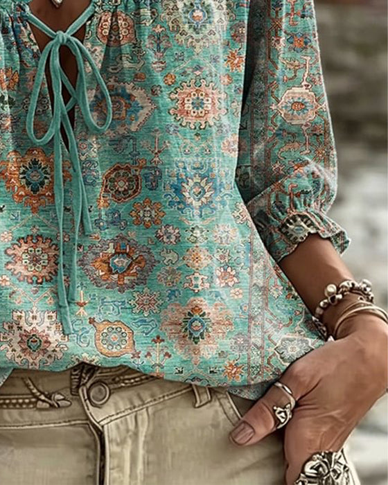Blouse V-Hals Strik Vintage Print