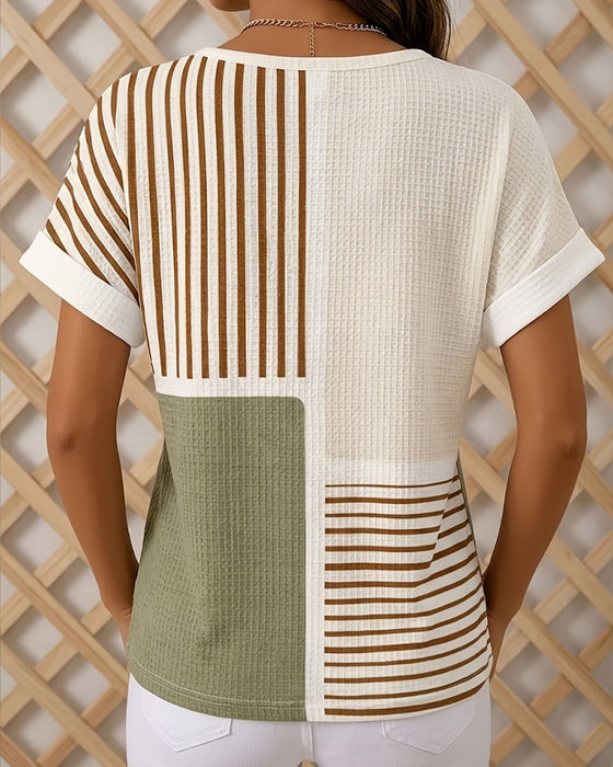 Blouse Met Ronde Hals, Knoppen, Strepen, Contrastkleuren