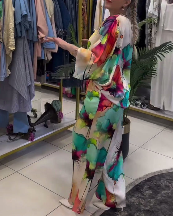 Set met driekwart mouwen met lotusprint en één schouder