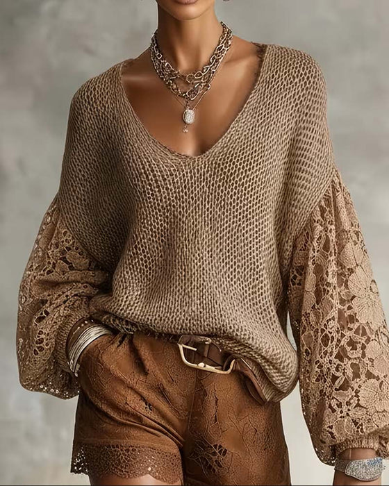 Pullover Kant Uitsnijding Patchwork Lantaarnmouw