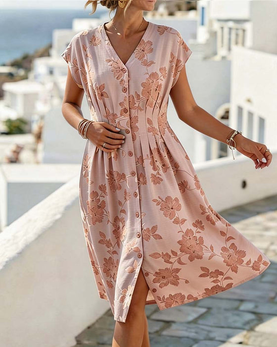 Jurk V-Hals Print Getailleerde Taille Knoopsluiting Voorzijde