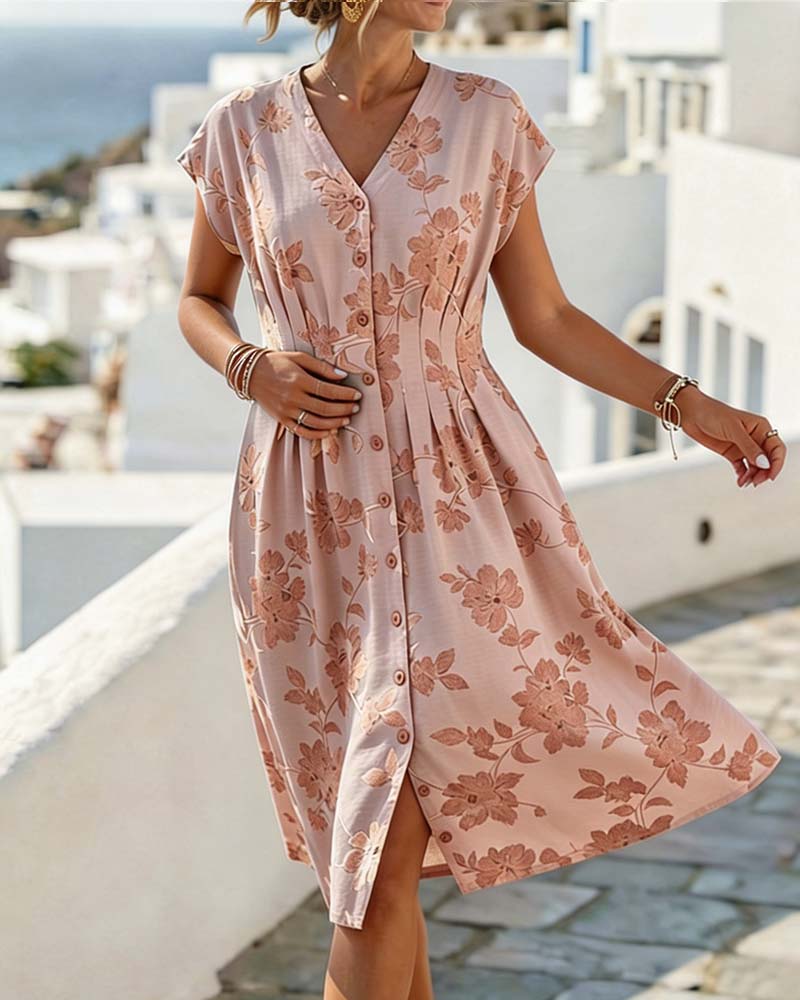 Jurk V-Hals Print Getailleerde Taille Knoopsluiting Voorzijde