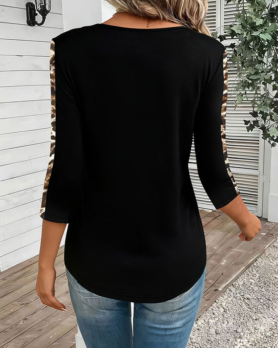 T-Shirt Lange Mouw V-Hals Luipaard Patchwork