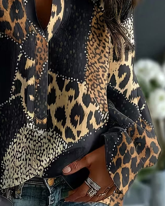 Blouse Mini Mandarin Kraag Luipaard Paneel Relaxed