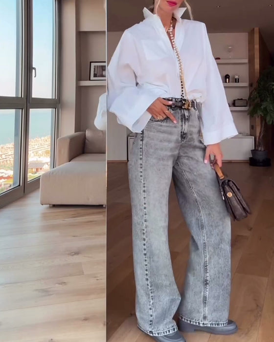 Overhemd Revers Effen Kleur Casual