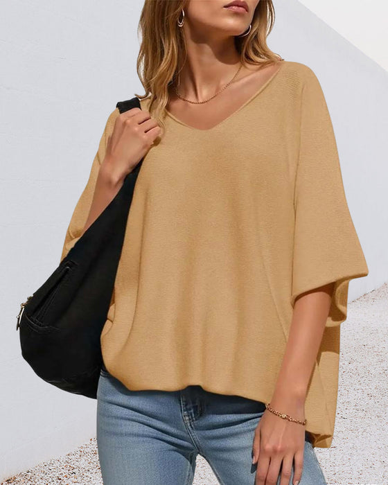 T-Shirt V-Hals Vleermuis Mouw Effen