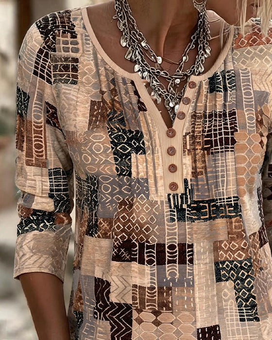 T-Shirt Geometrisch Patchwork Afdruk Henley