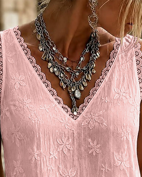 Tanktop V-Hals Effen Kleur Kant
