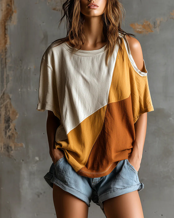T-Shirt Kleurblok Off-Schouder Los