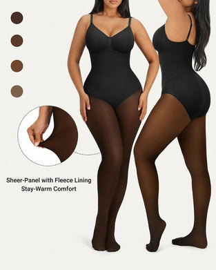 Transparant Paneel Met Fleecegevoerde Panty Stay-Warm Buikcontrole Sheer-Effect Panty Bodysuit Zwart Basic