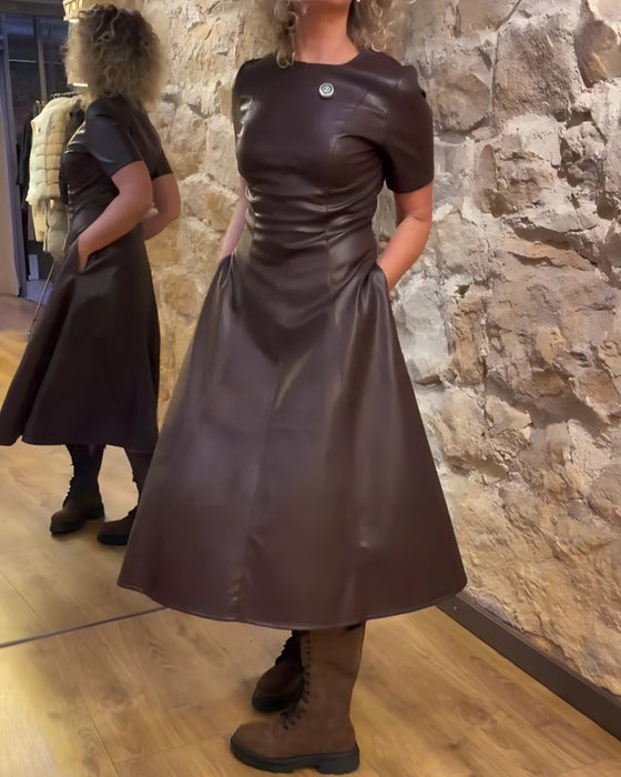 Jurk Pu Leren Getailleerd Korte Mouwen