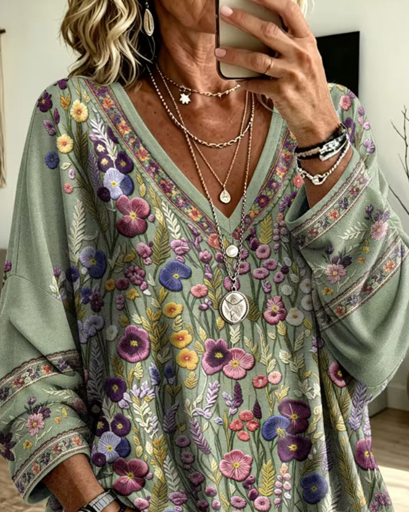 Top V-hals Bloemen Loose Lange Mouw