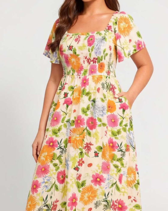 Jurk Vierkante Hals Bloemen Smock Taillelijn
